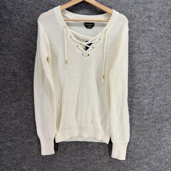bebe Tops - New Bebe Sweater Pullover Women M Medium Beige Knit V-Neck Tasseled Long Sleeve